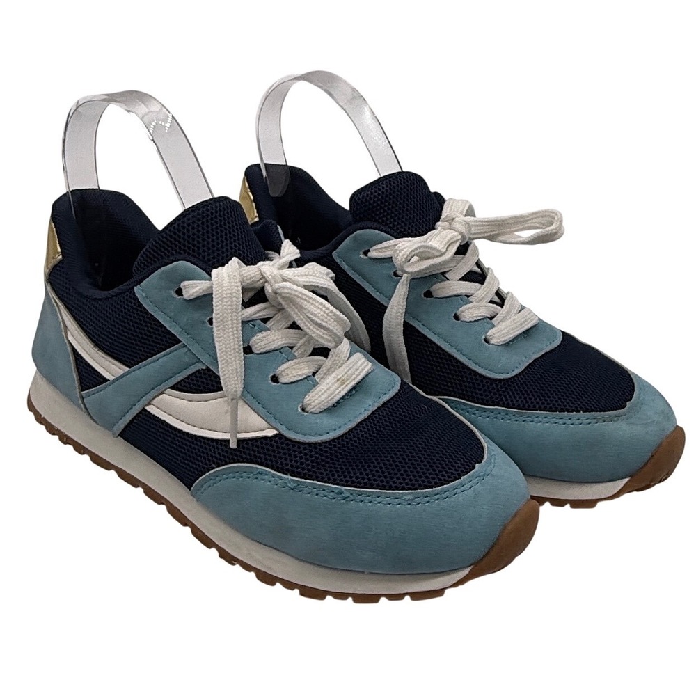Womens 37/6.5 Blue‎ Colorblock Metallic Gold Retro Casual Sneakers Shoes
